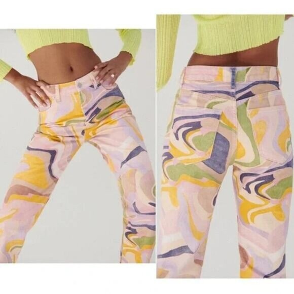 ZARA Straight Leg Abstract Swirl Print Jeans Size 2 Multicolor - Picture 4 of 11